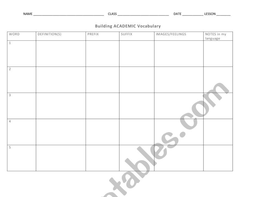 Building Vocabulary Graphic Organizer