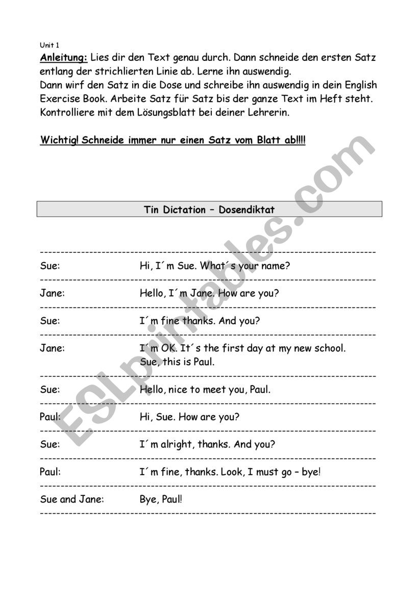 tin dictation Unit 1 worksheet