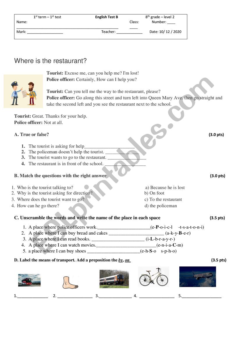 Test direction part B worksheet