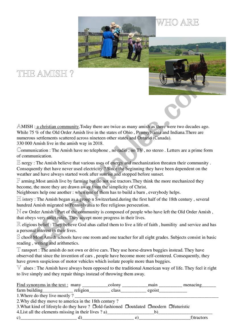 Who are the Amish? worksheet