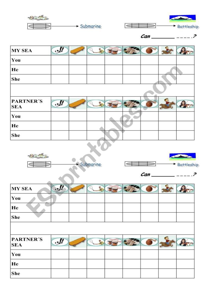 Battleships pairwork game to practise Can you/he/she...questions