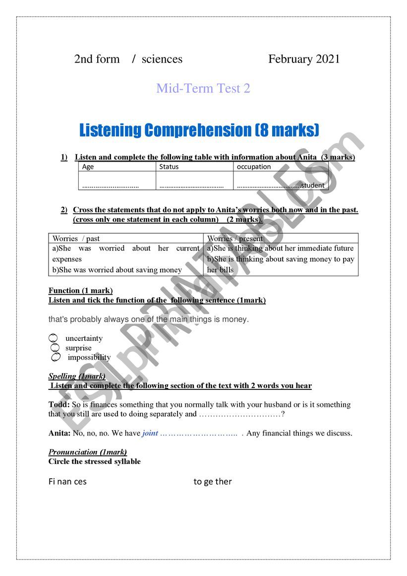 2 Nd Year Mid Term Test N 2 Esl Worksheet By Ftayma