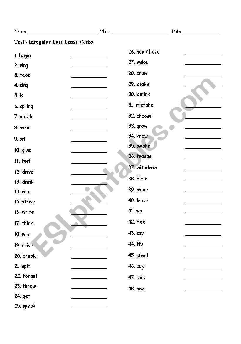 Irregular Verbs Test worksheet