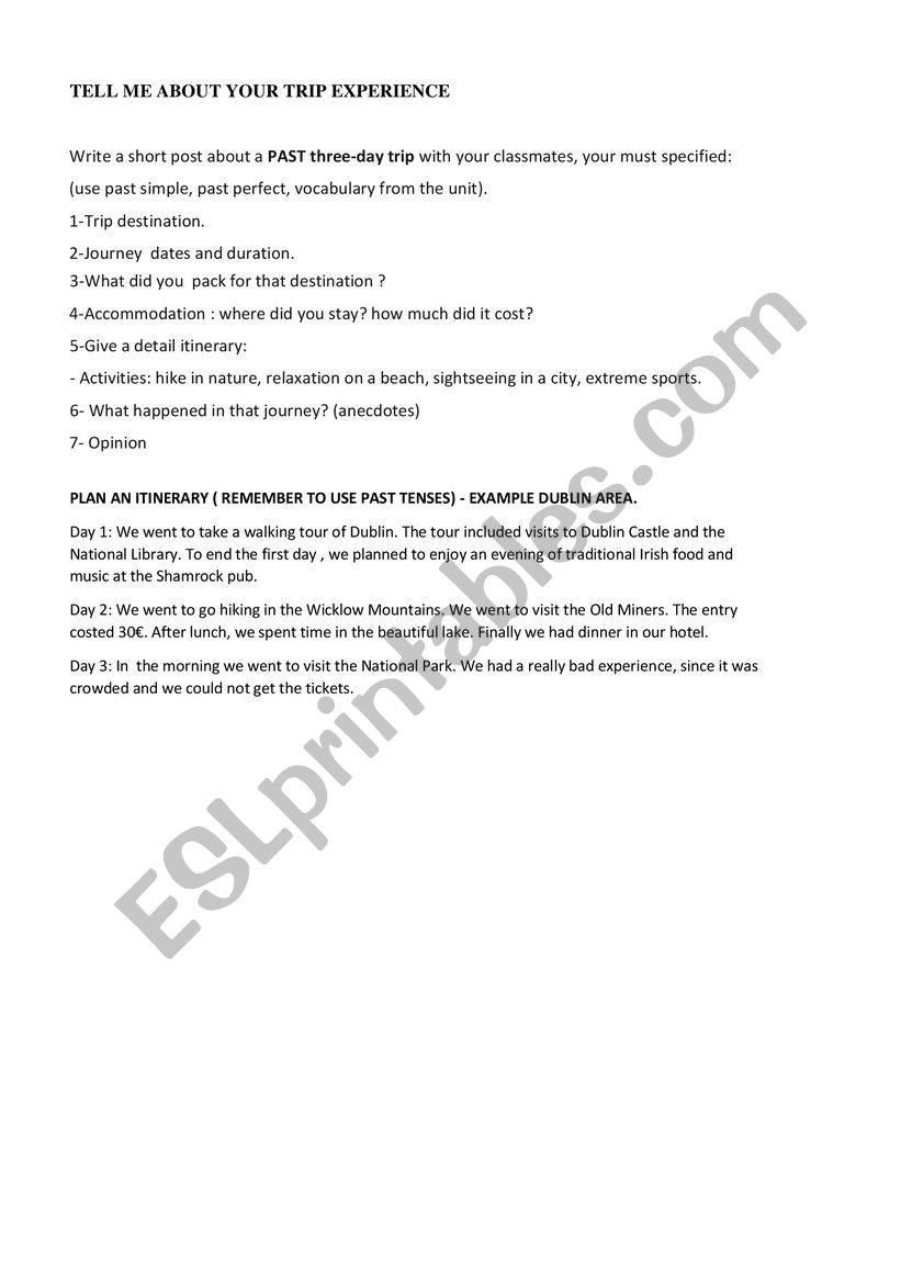 Planning your trip project worksheet