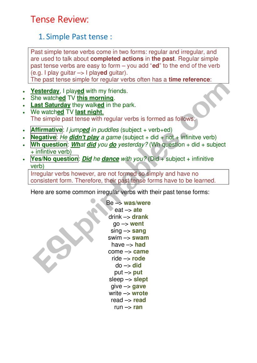 Tense Review: Simple Past worksheet