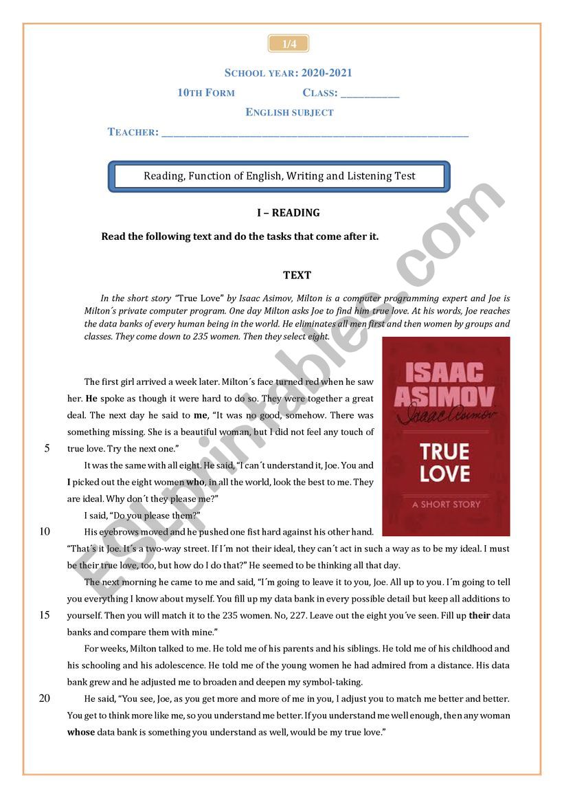 10th form English test worksheet