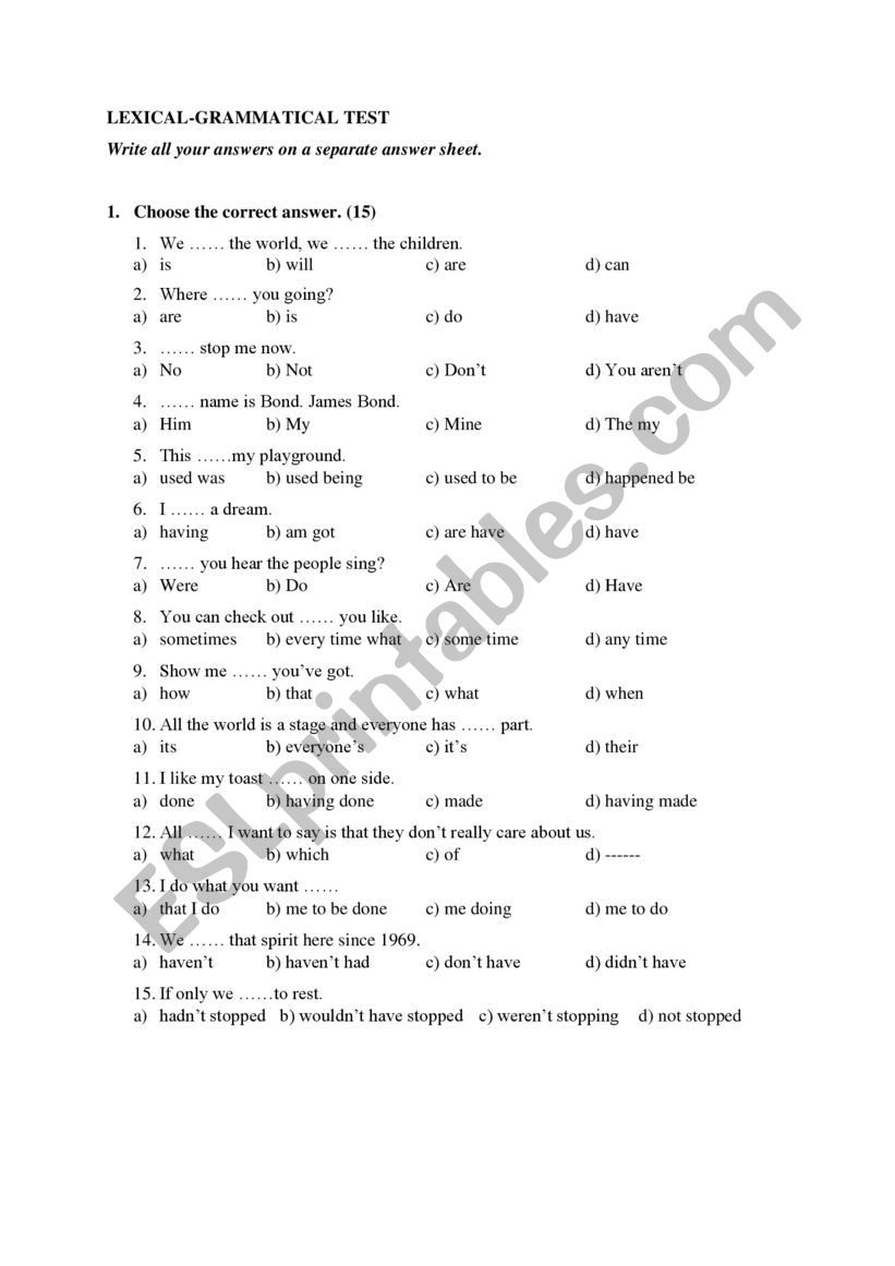 Placement test worksheet