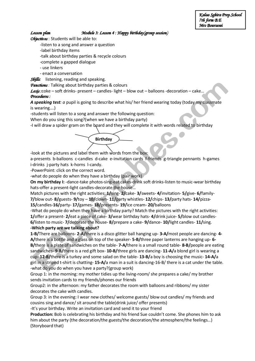 lesson plan: happy birthday worksheet