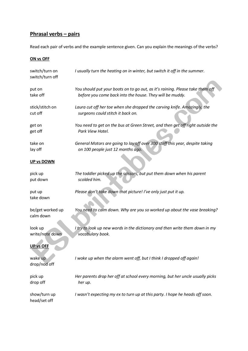 Phrasal verbs in pairs: off/on, up/down, up/off