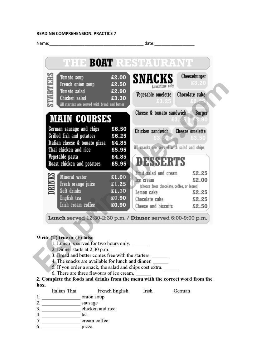 short reading comprehesion about food