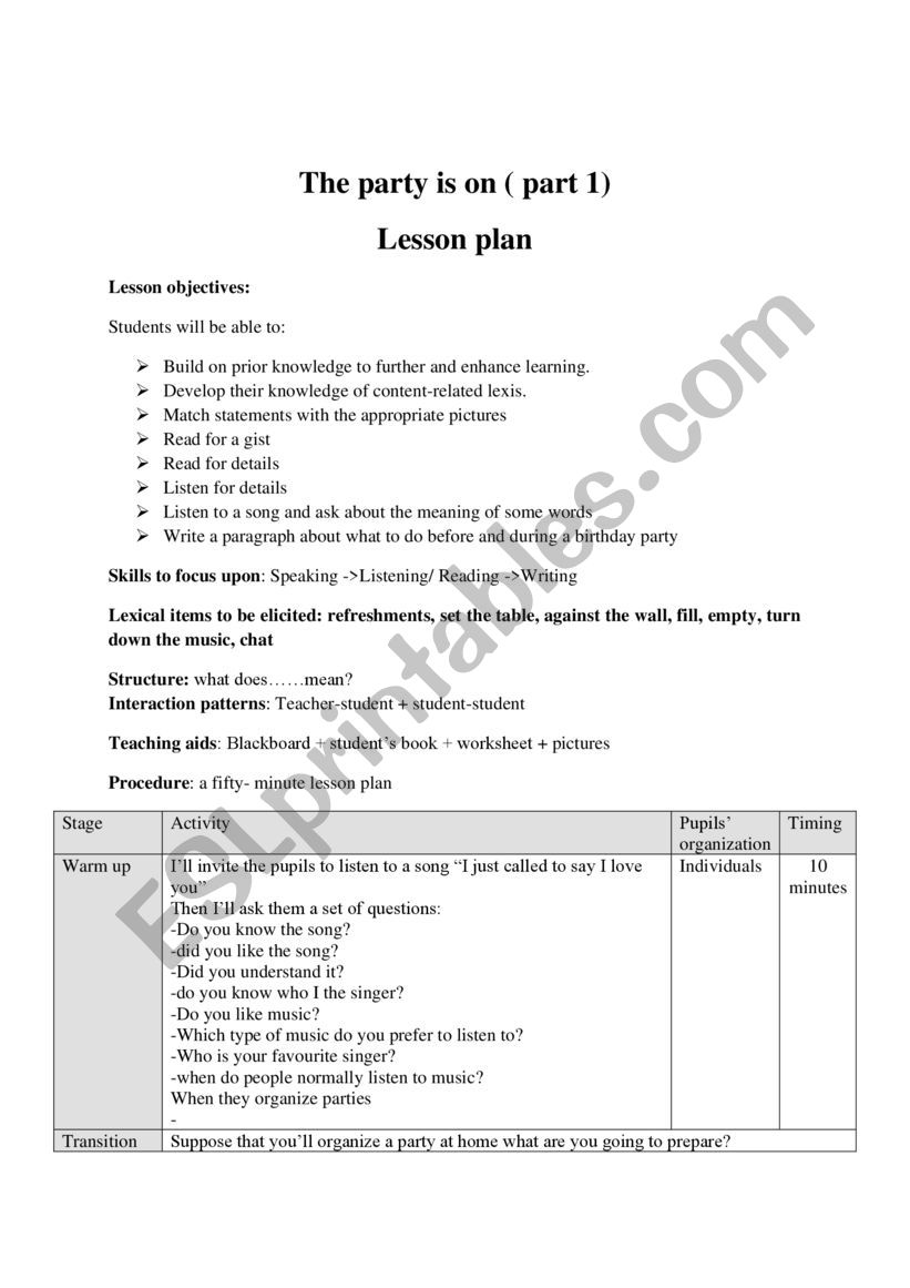the party is on (part1) lesson plan 