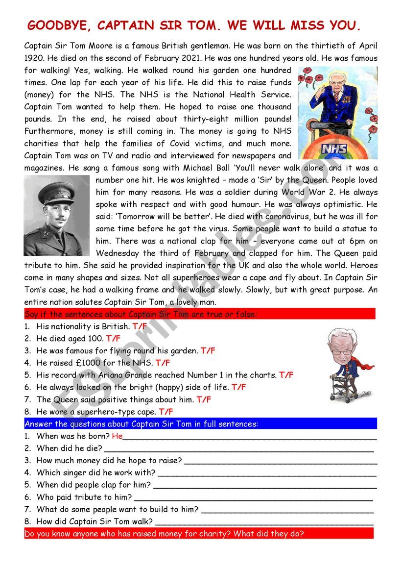 RC: Goodbye Captain Sir Tom worksheet