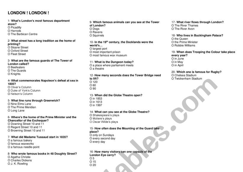 London Quiz worksheet