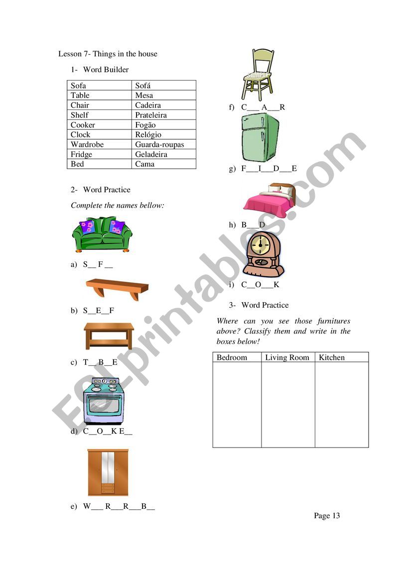 Furniture worksheet