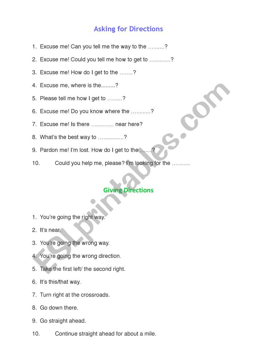 ask and give directions worksheet