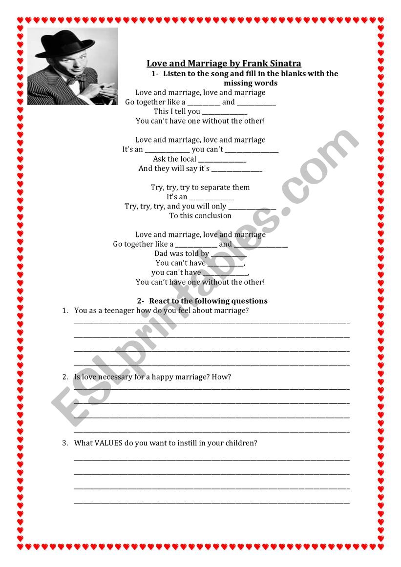 love and marriage song  worksheet