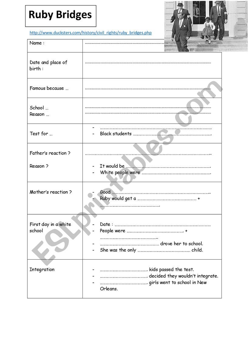 WEBQUEST RUBY BRIDGES worksheet