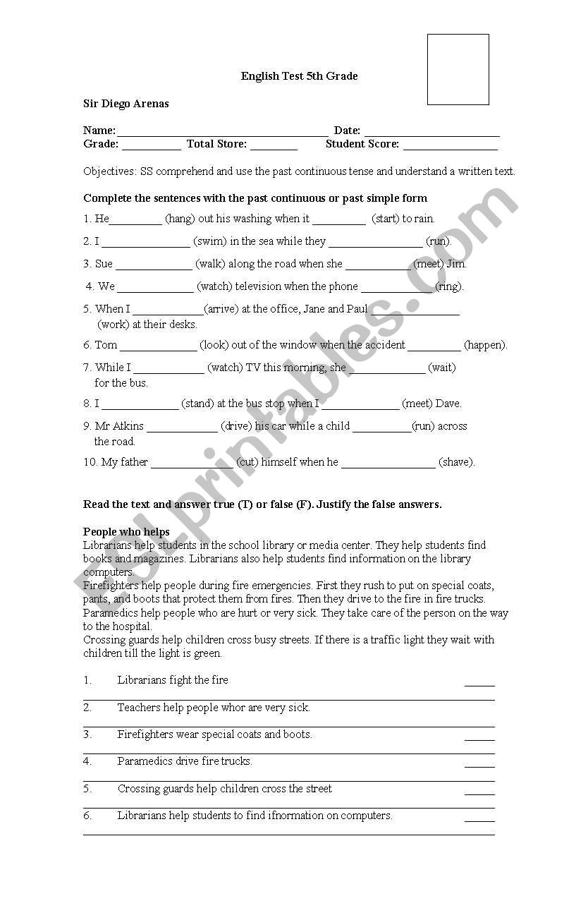 Test Past Continuous Tense worksheet