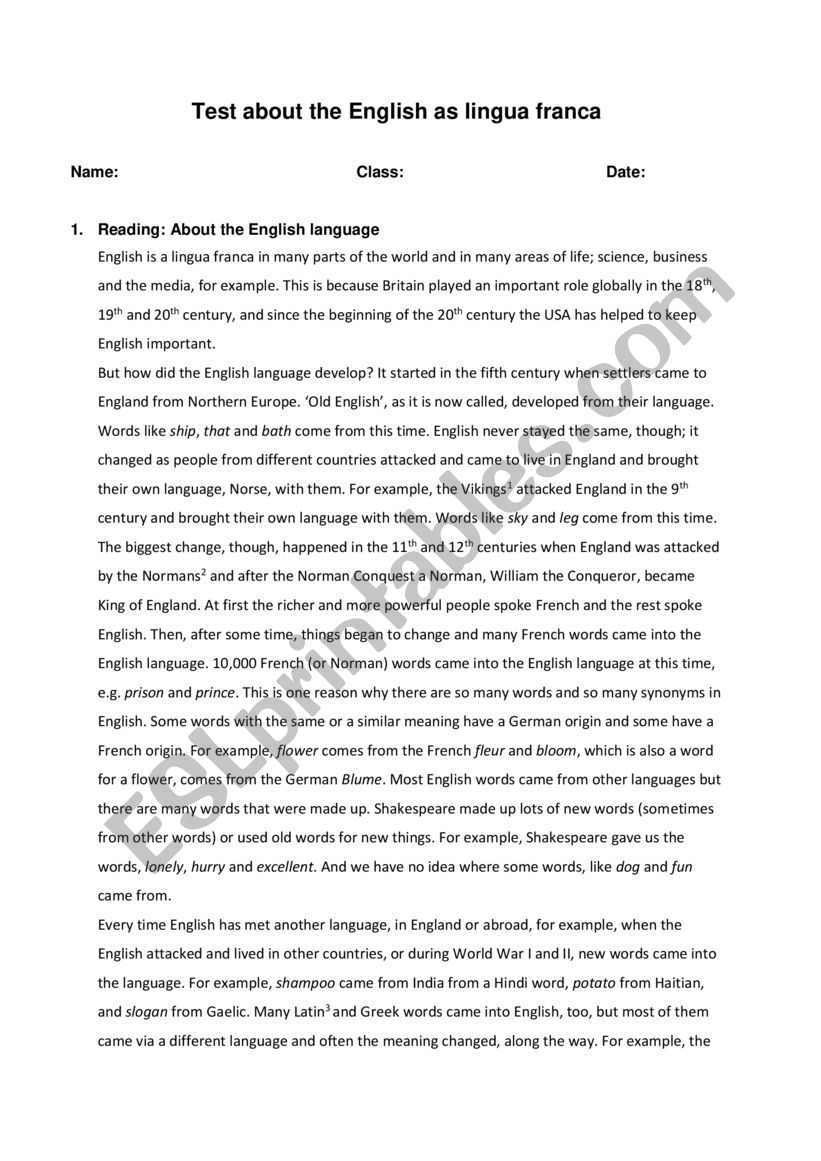 English as lingua franca worksheet