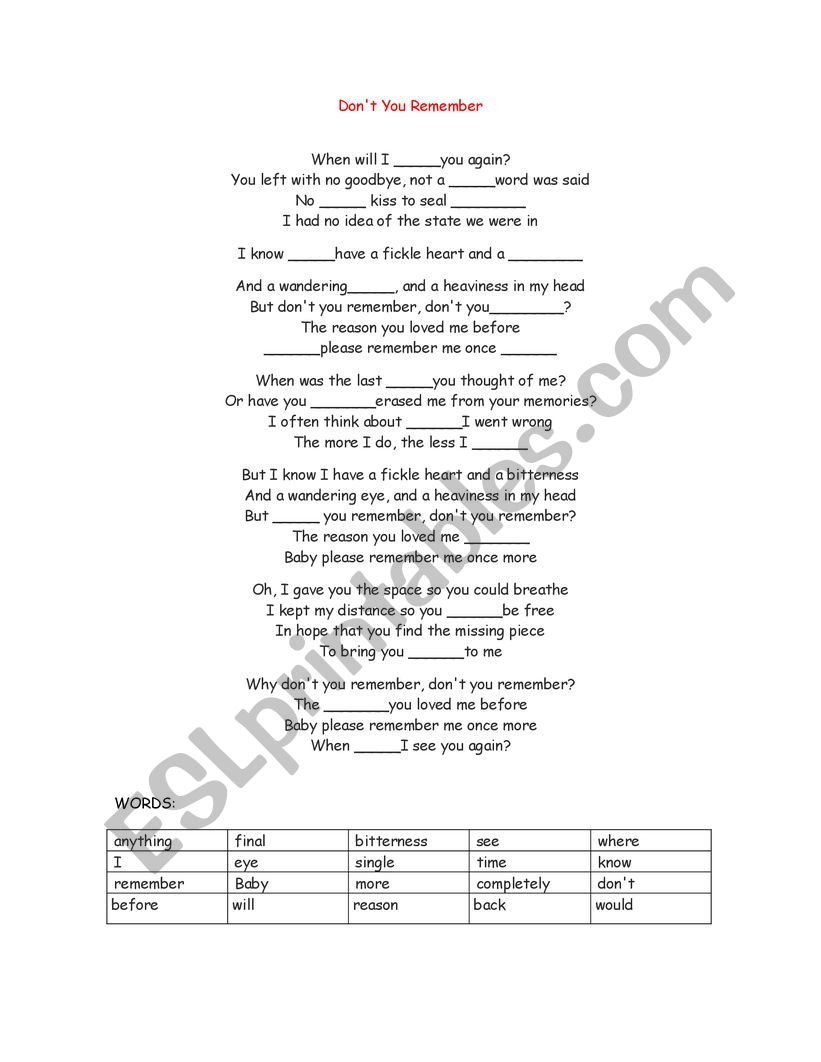 Dont you remember worksheet