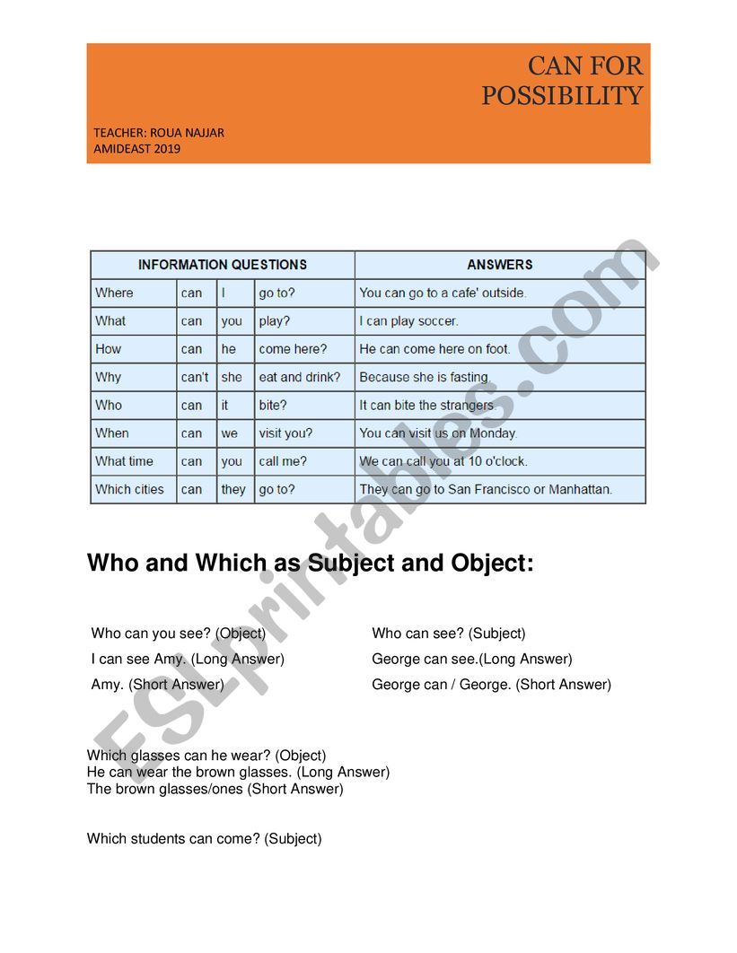 possibility with can worksheet
