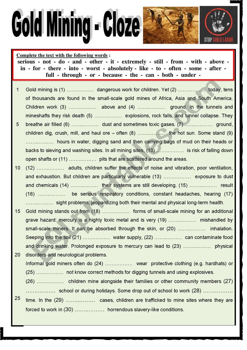 Child Labour / Gold Mining - CLOZE + KEY