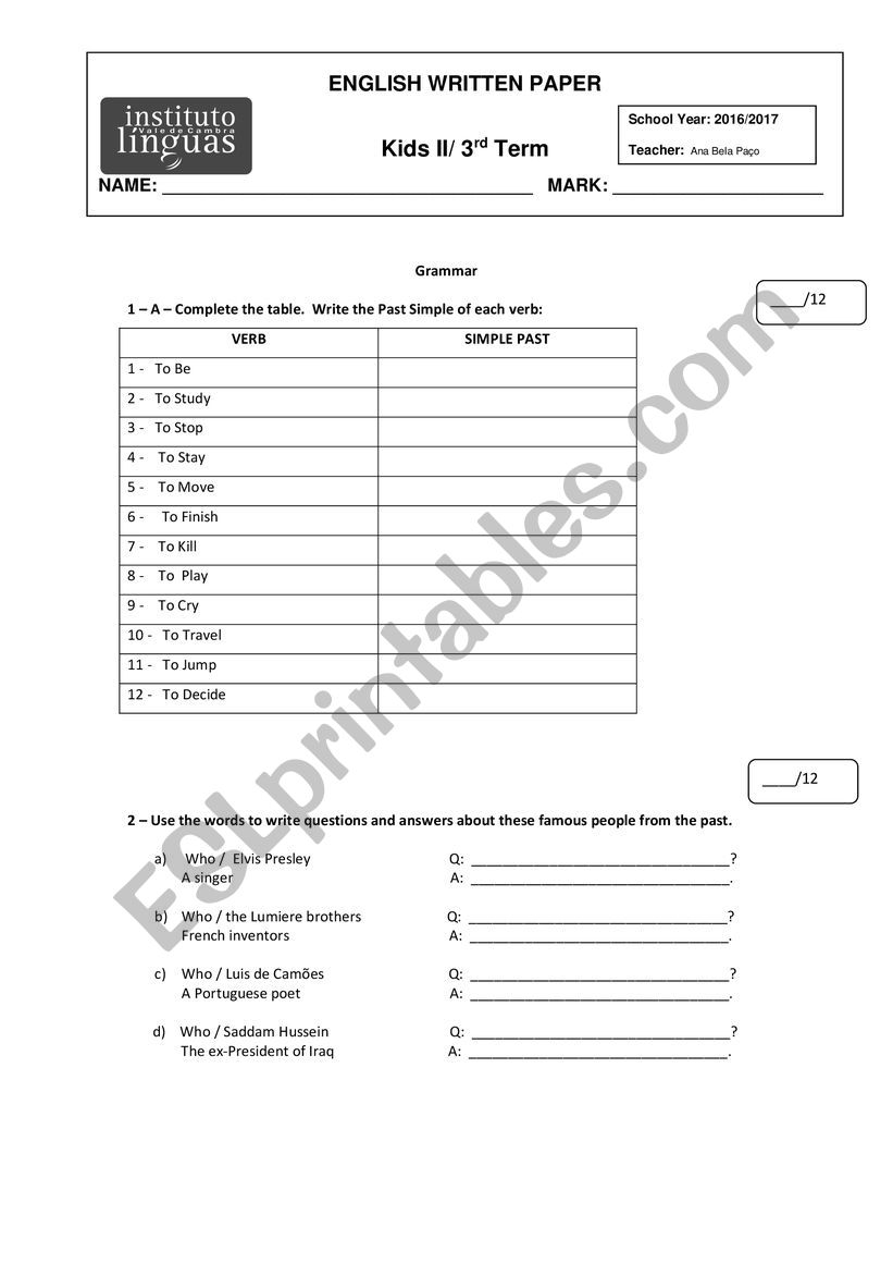 Test 6th grade worksheet