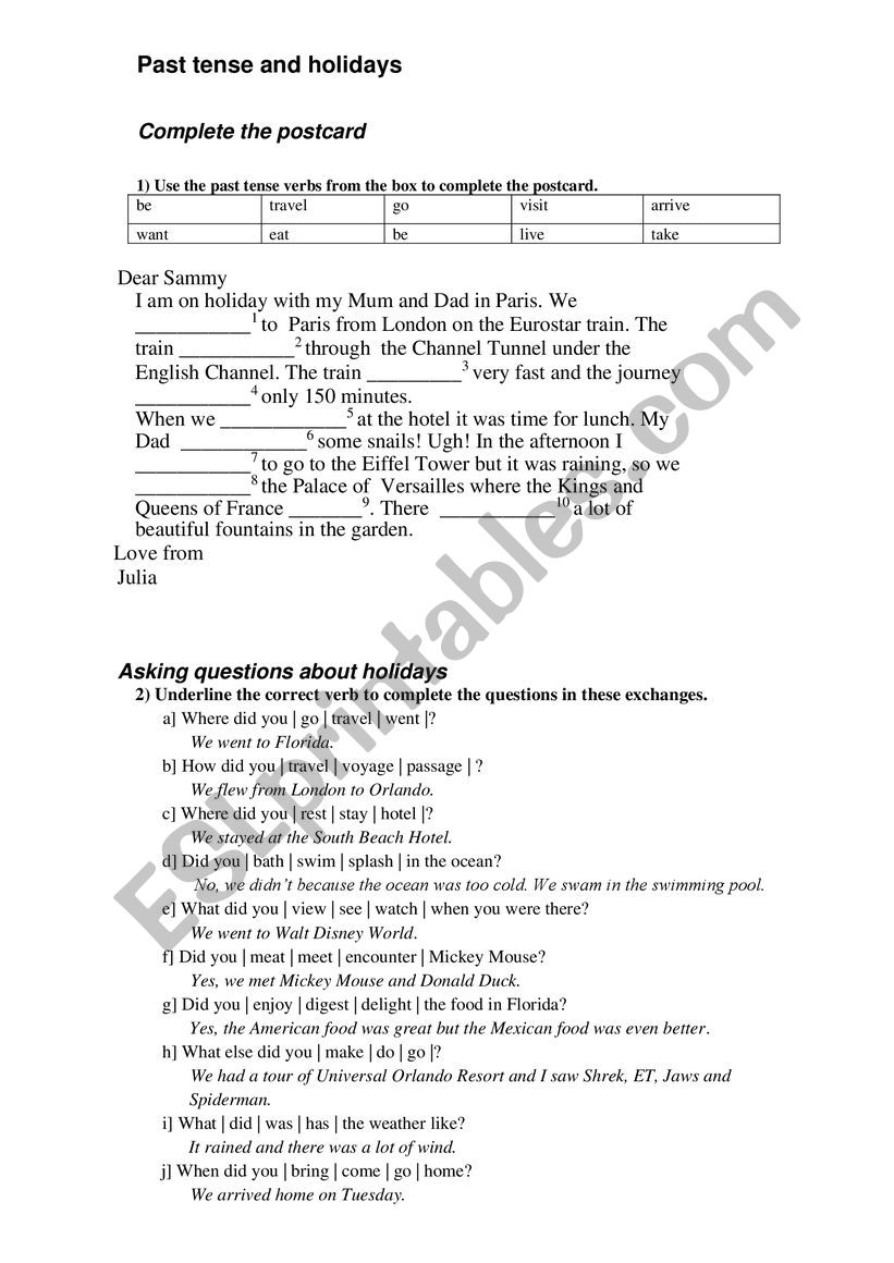 Past experiences worksheet