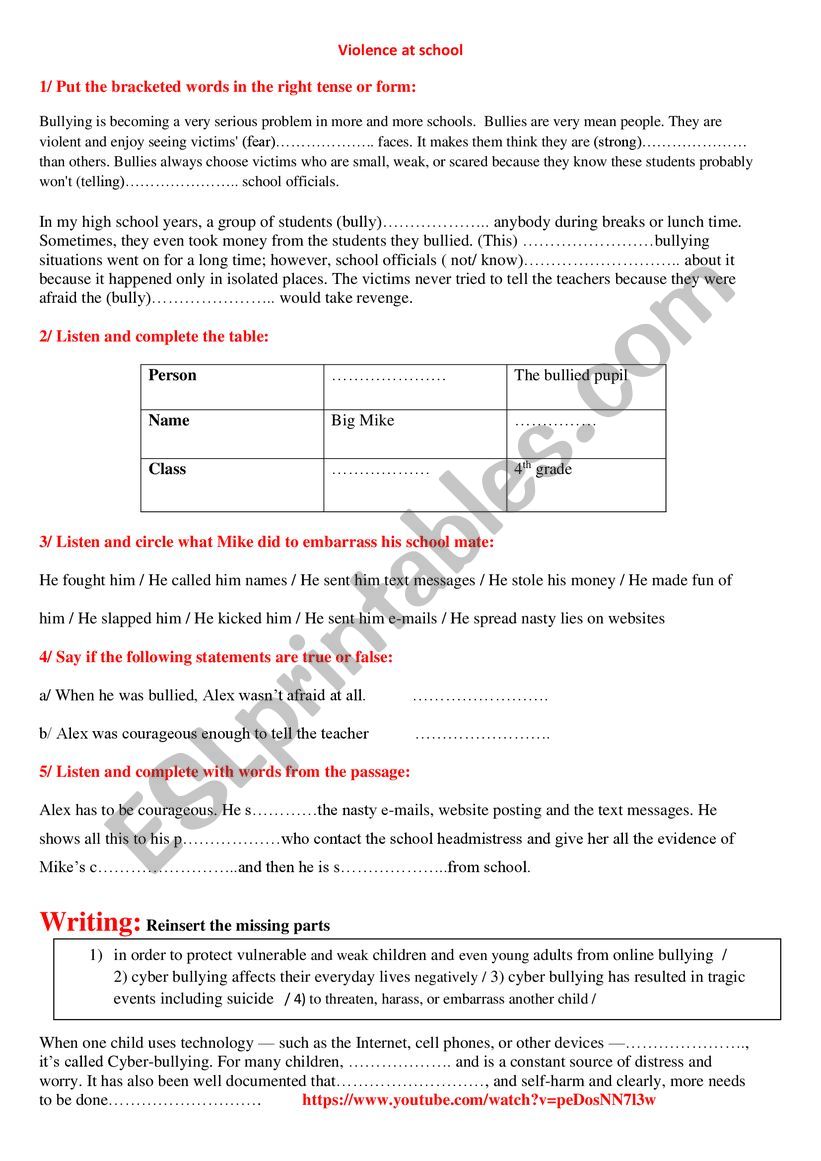 violence at school / bullying worksheet