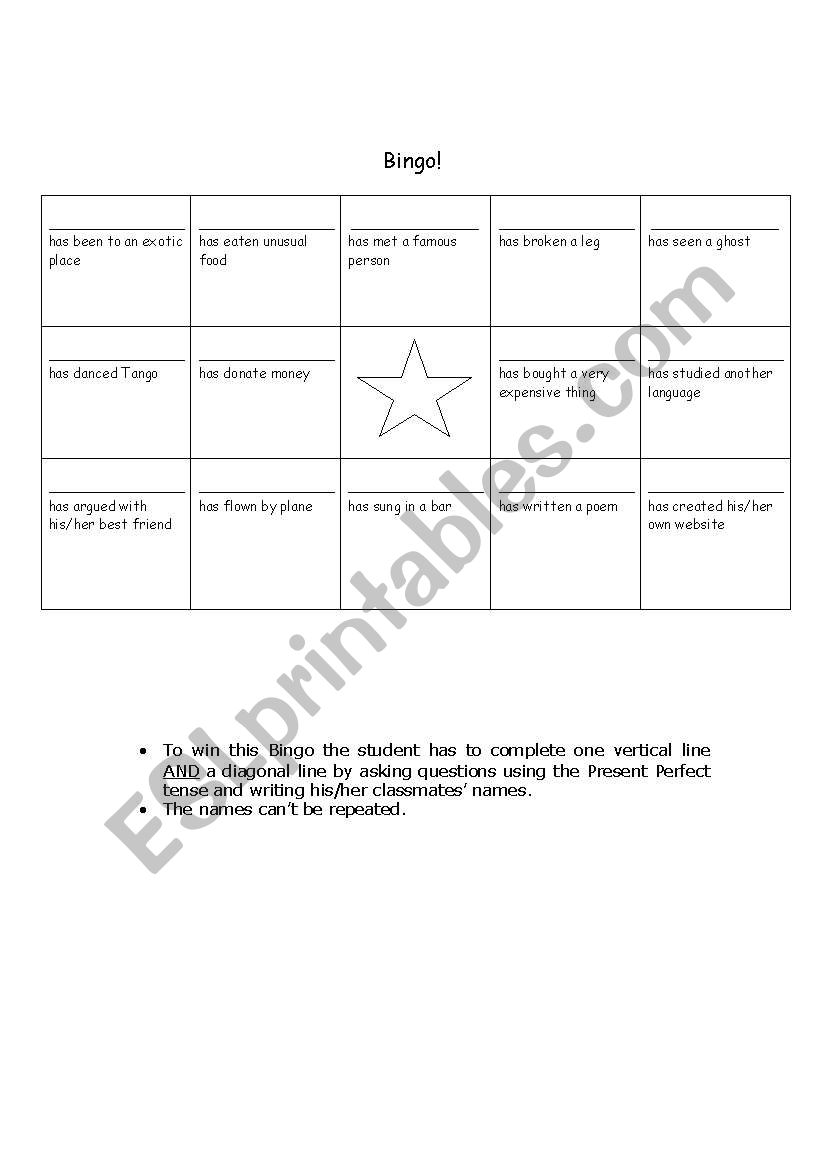 Present Perfect Bingo  worksheet