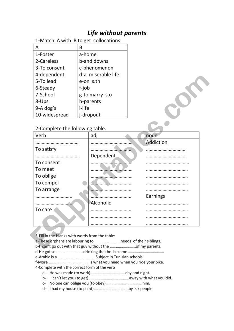life without parents  worksheet