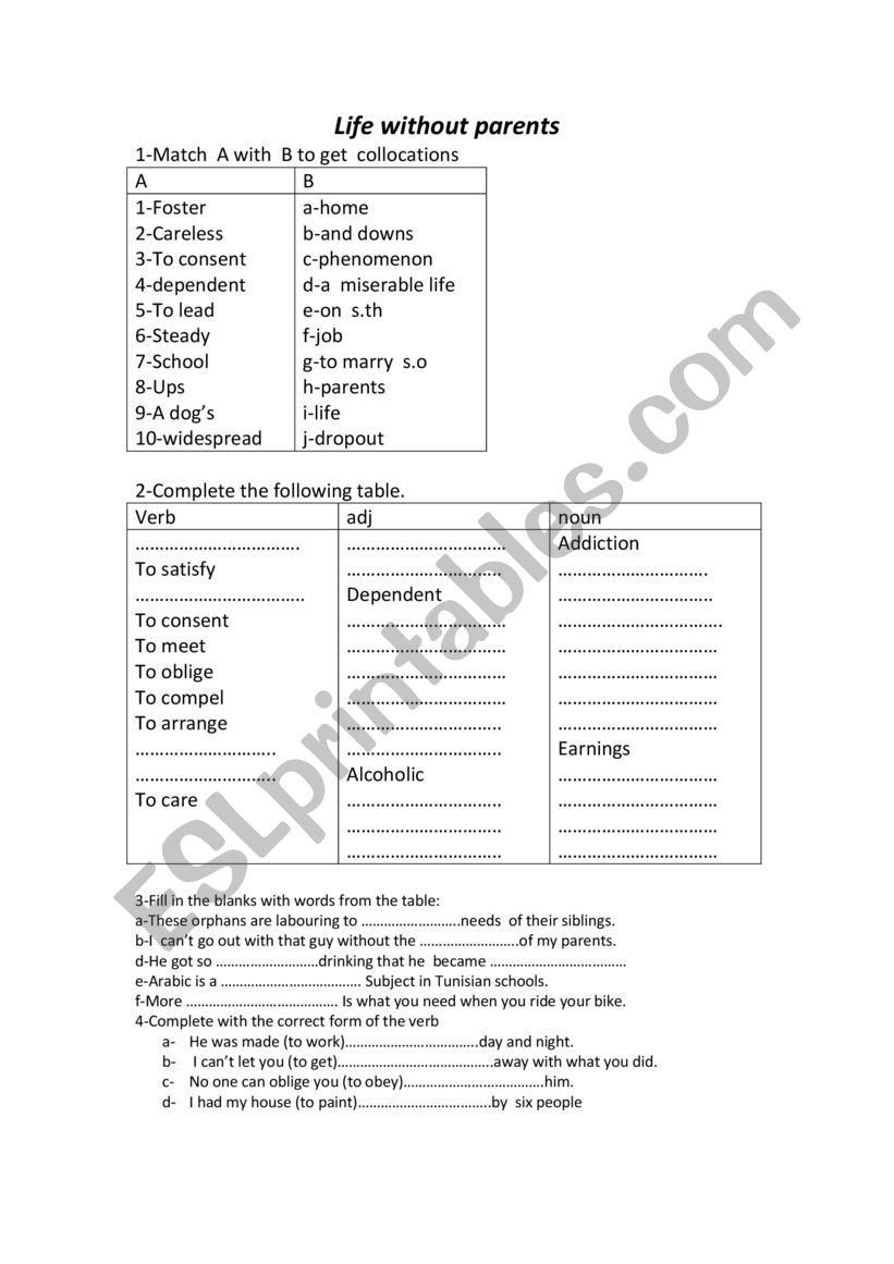 life without parents  worksheet