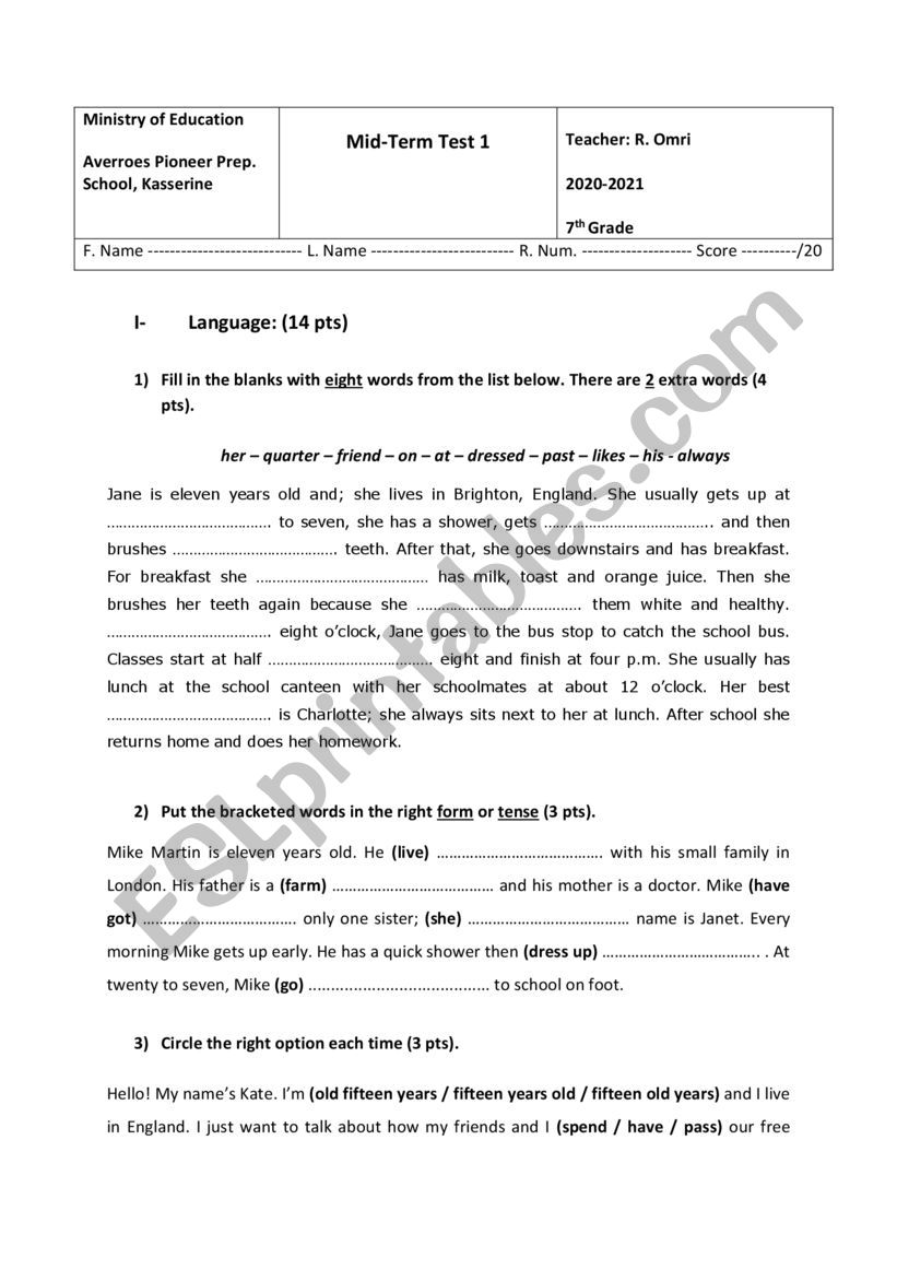 Mid-Term Test 1 (7th form) worksheet