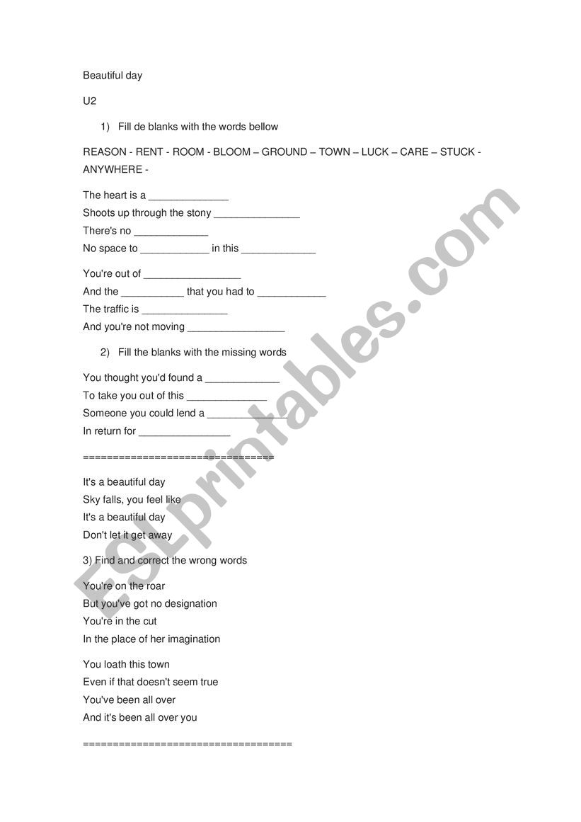 Beautiful day - U2 worksheet