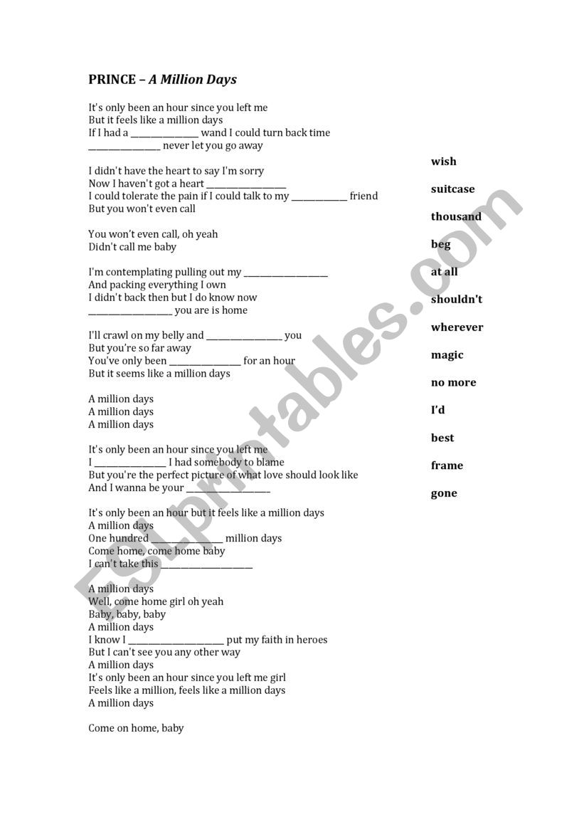 Prince -  A Million Days worksheet