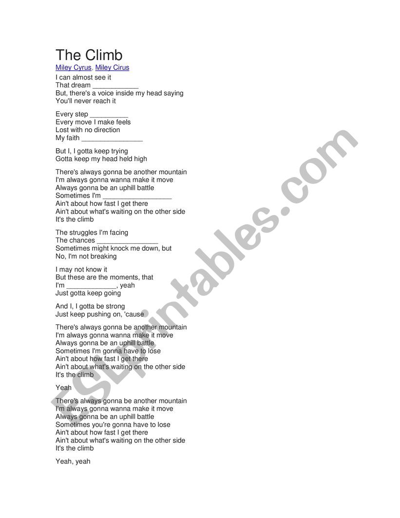 song: The CLimb worksheet