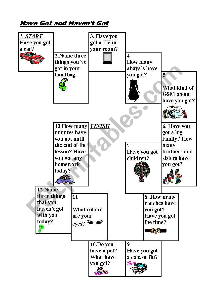 Have Got game board worksheet