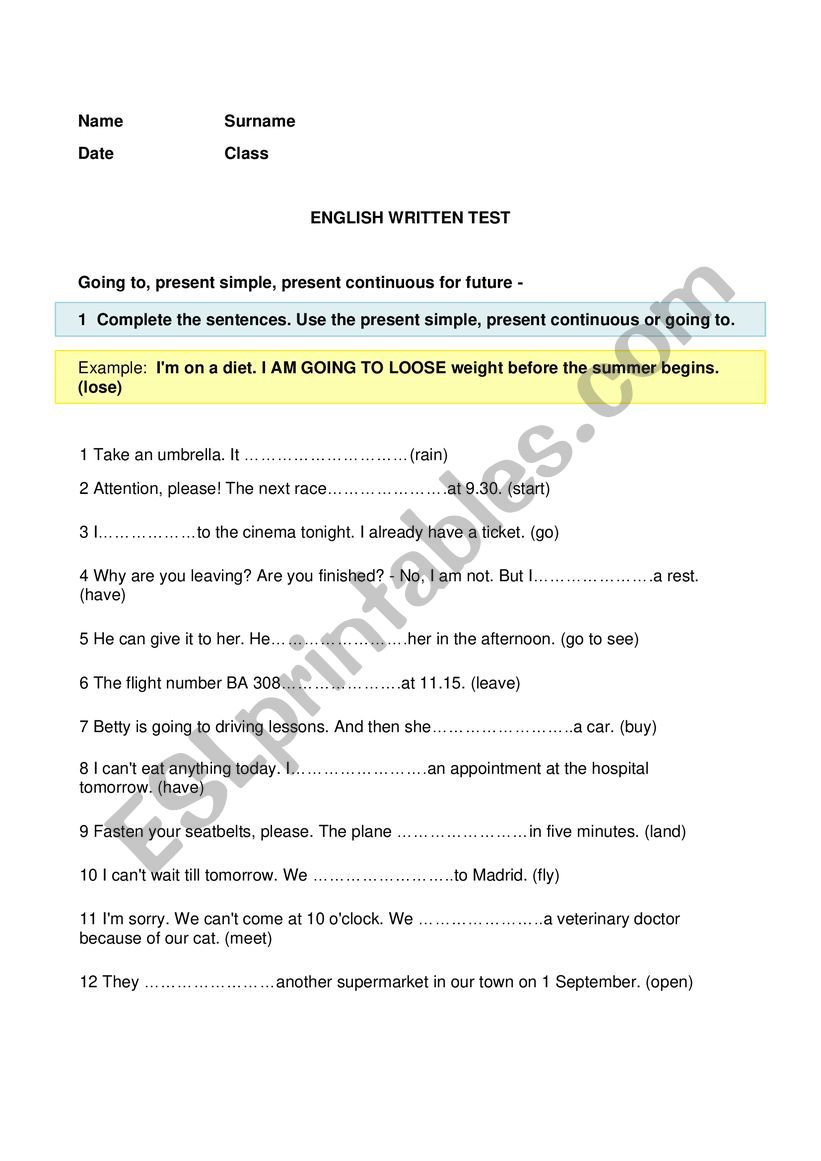future test worksheet