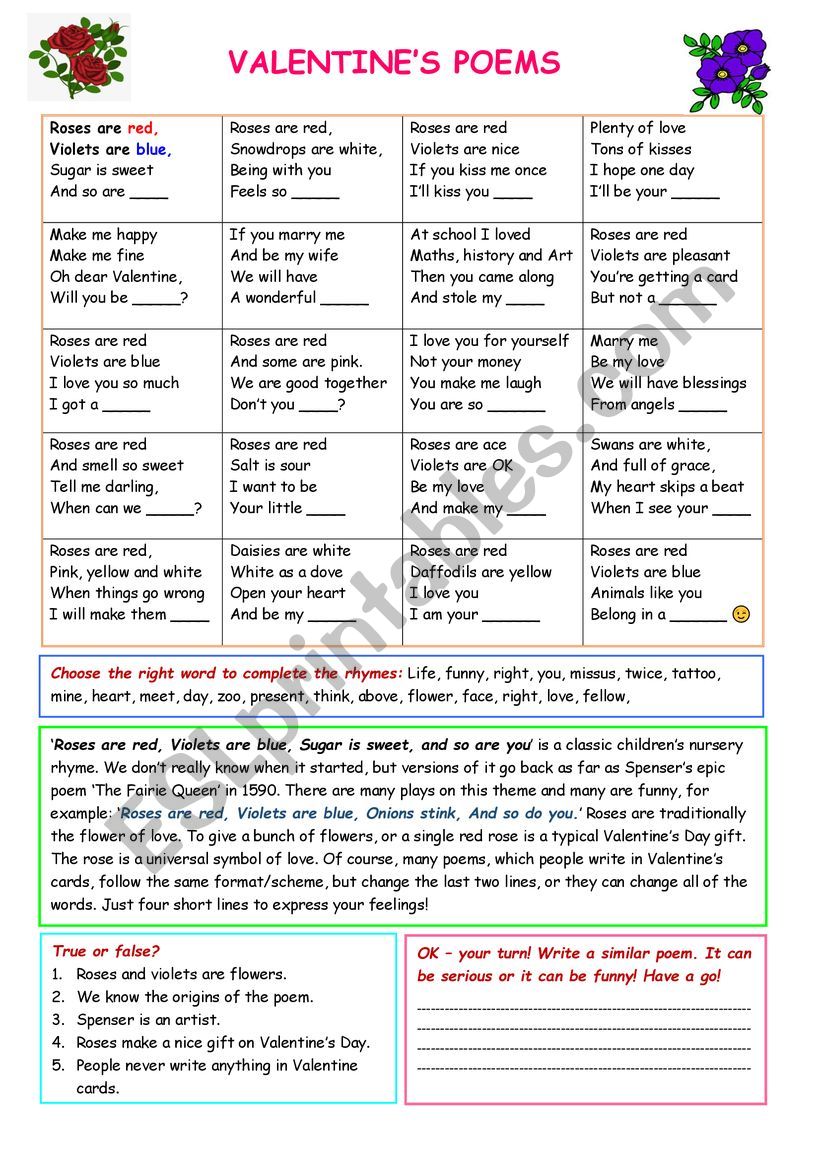 Valentine�s poems worksheet