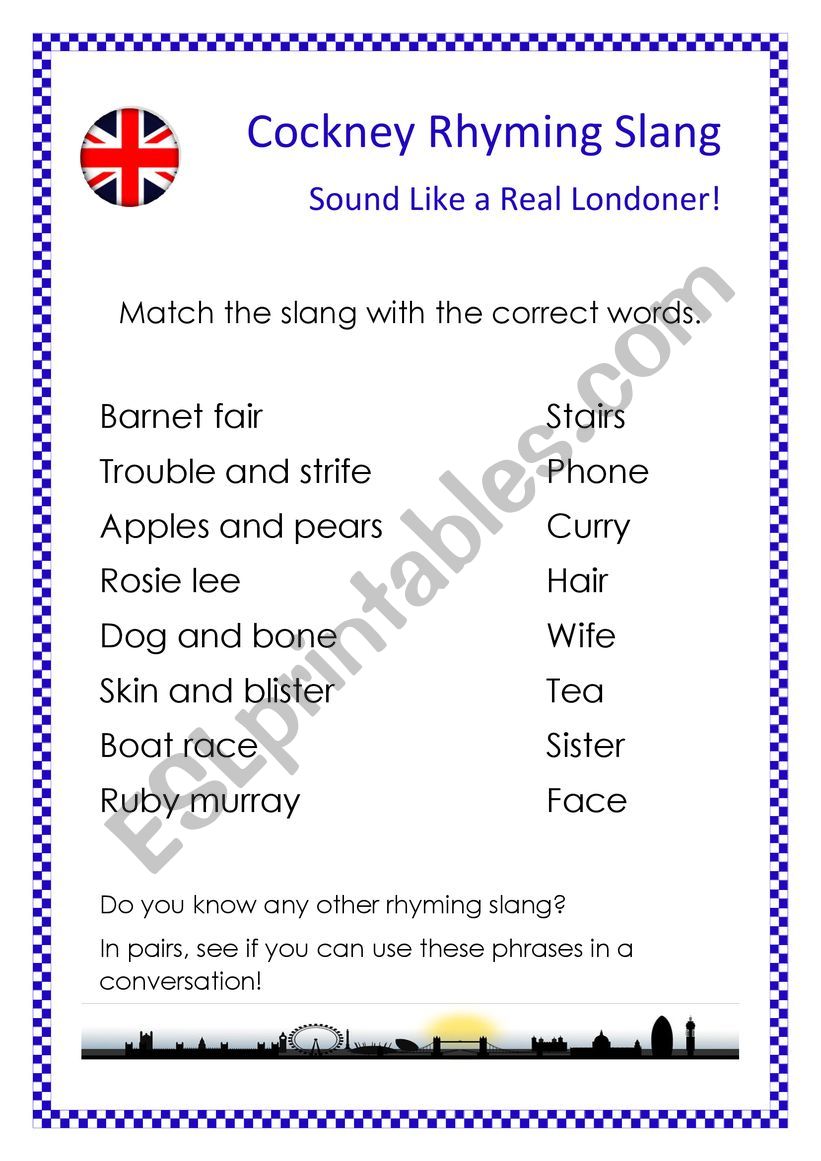 Cockney rhyming Slang  worksheet