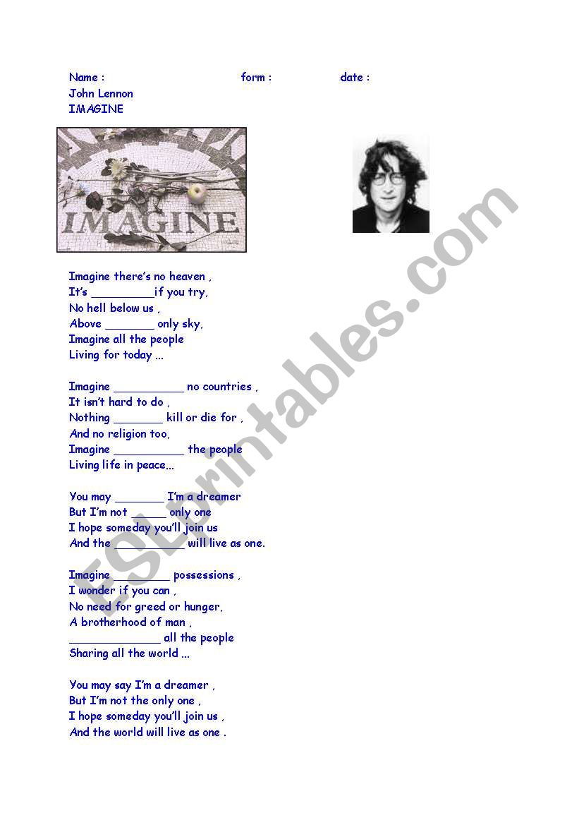 lyrics IMAGINE John Lennon worksheet