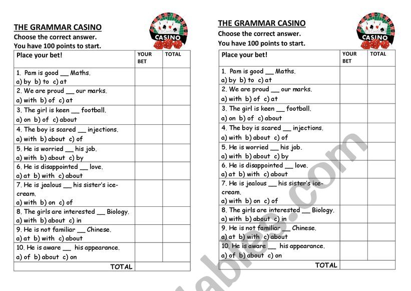 Grammar casino: Adjectives + prep
