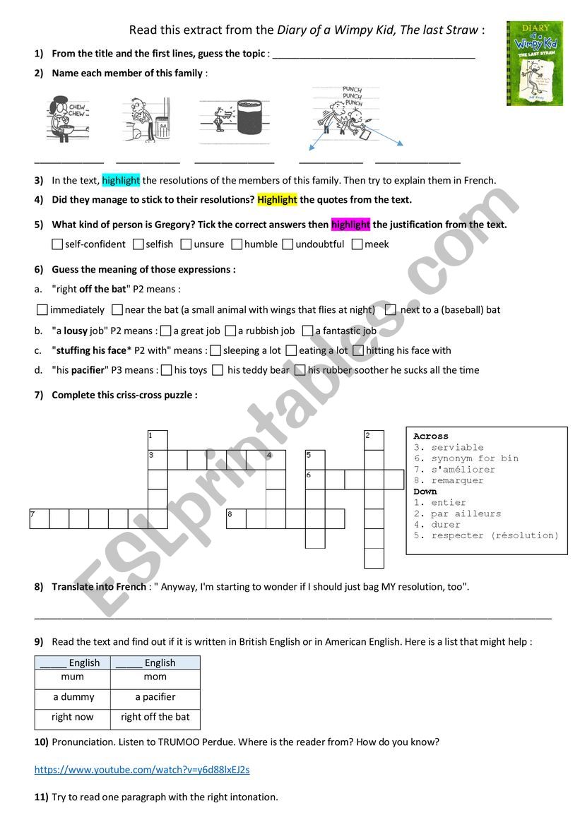 Written comprehension Extract Diary of a Wimpy Kid