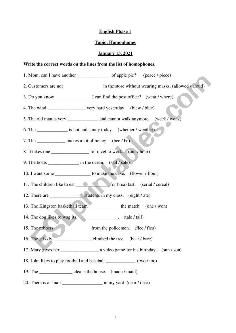 Homophones worksheet