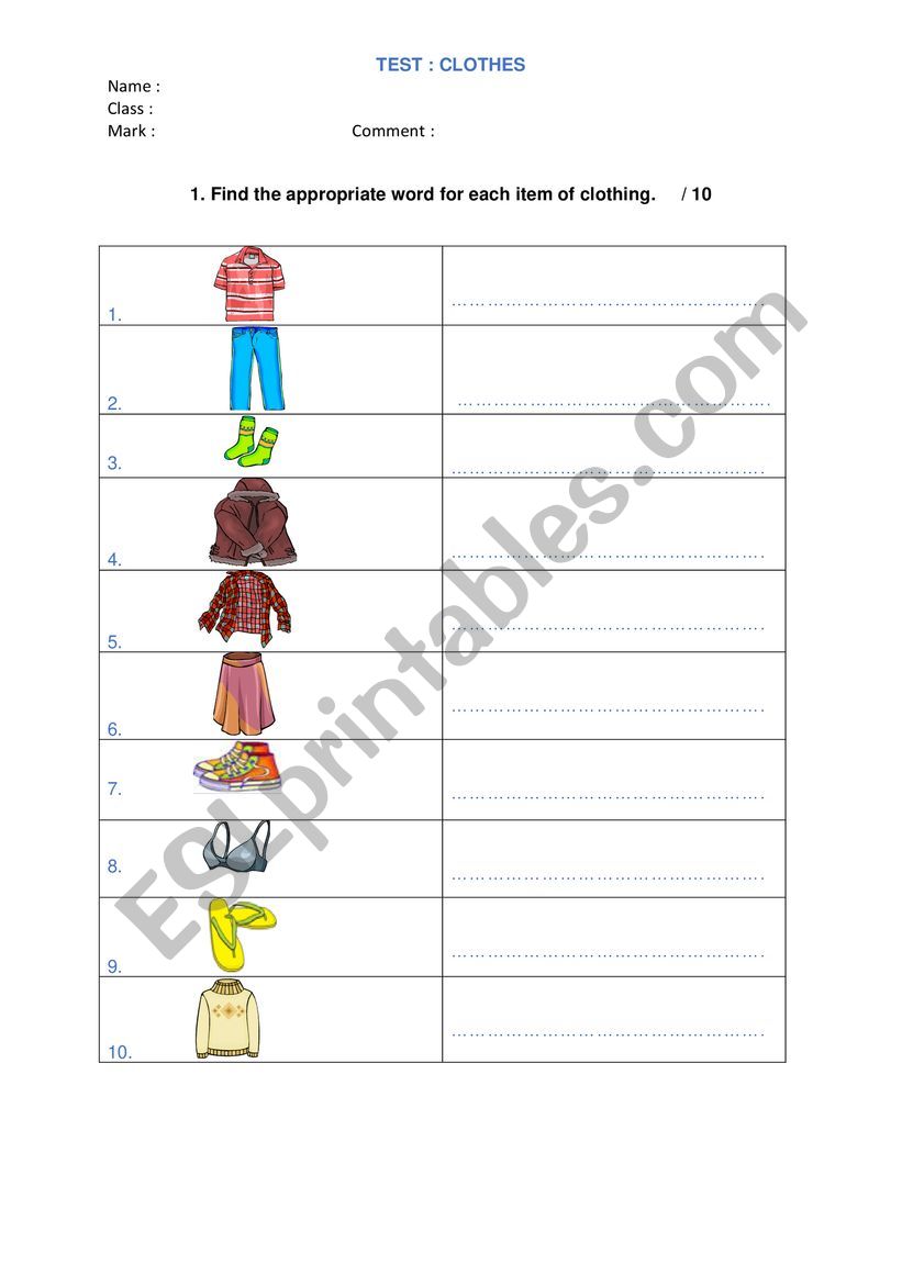 Clothes Vocabulary Test worksheet