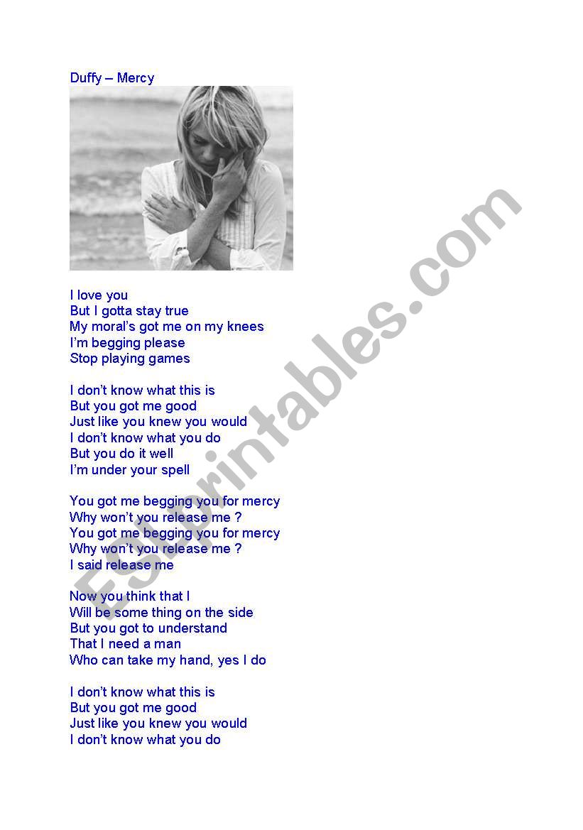 English worksheets: lyrics Mercy by