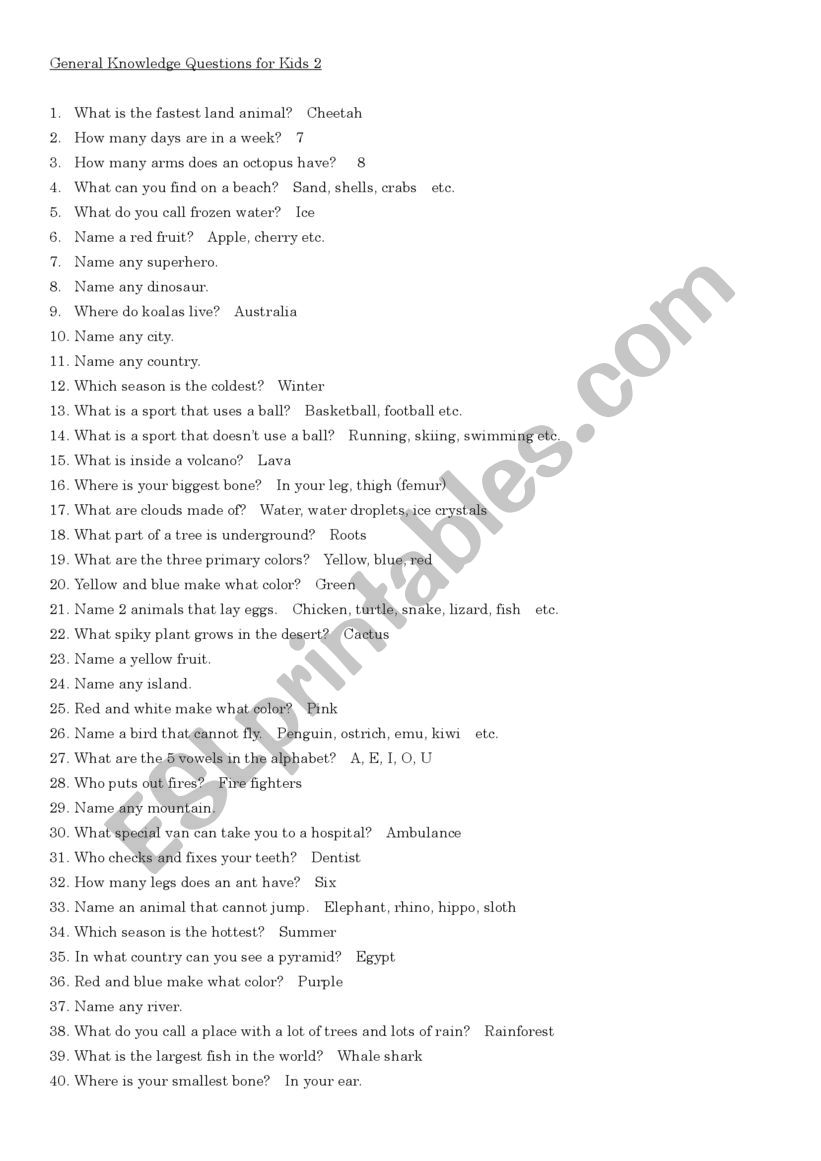 General Knowledge Quiz 2 worksheet