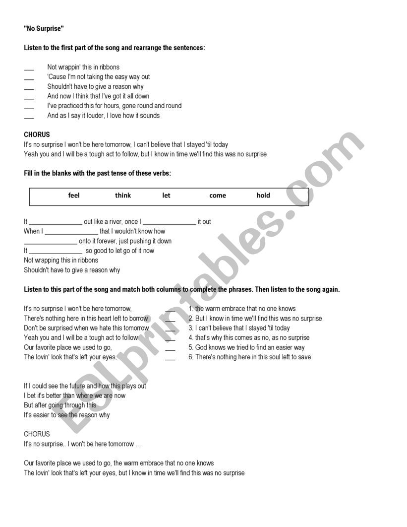 No surprise - Lyrics exercise worksheet