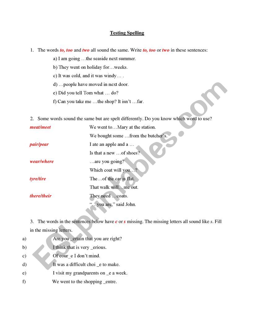 Testing Spelling worksheet