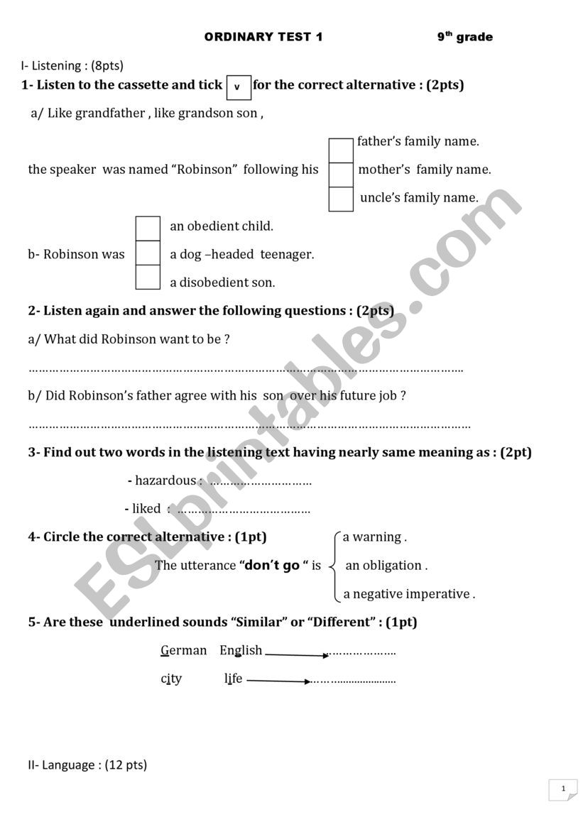 mid term test 9th grade worksheet